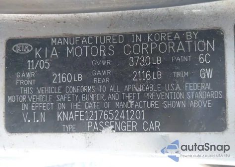 2006 Kia Spectra Ex/Lx/Sx из США, поврежденный, VIN KNAFE121765241201